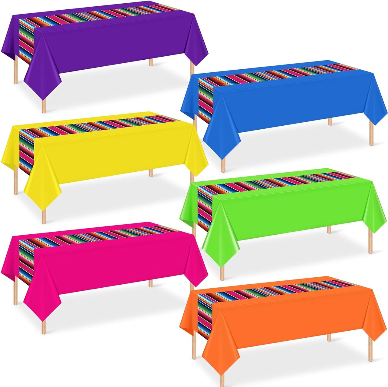 6-Pack Mexican Fiesta Plastic Tablecloths – 108" x 54" Disposable Rainbow Stripe Table Covers for Cinco de Mayo, Taco Night, Wedding & Birthday Party Decorations